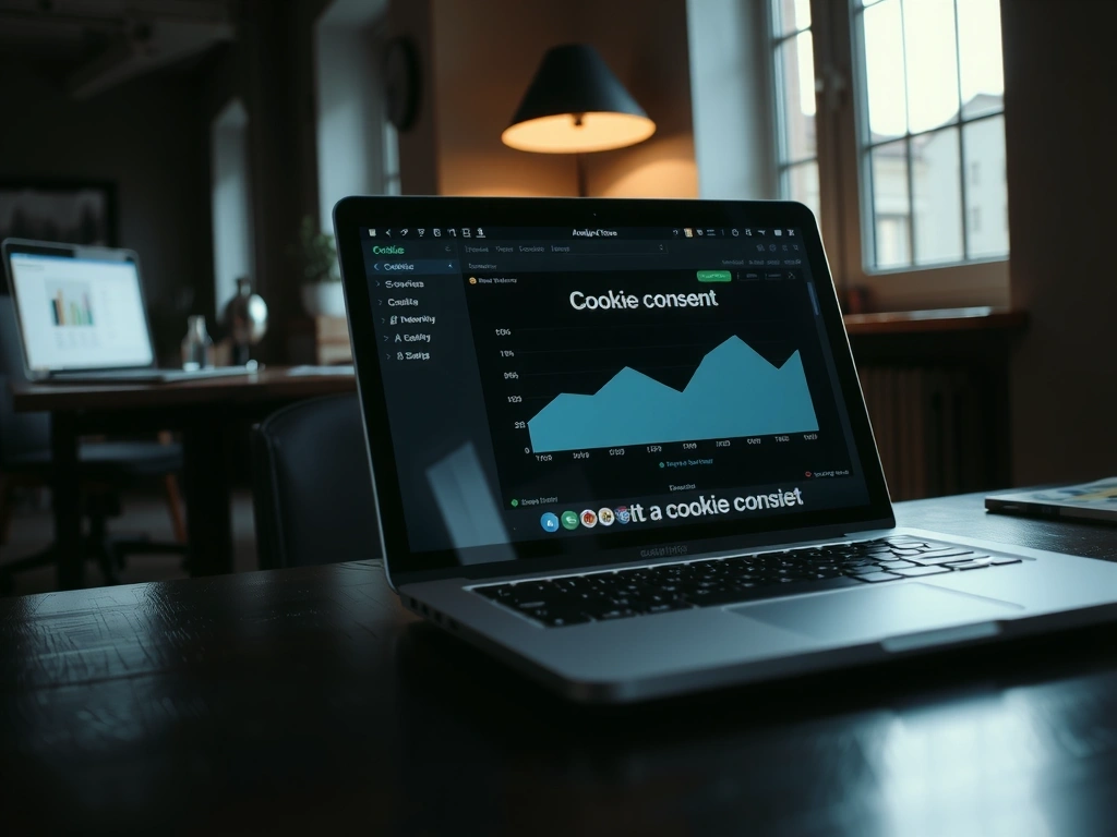 Obrazovka s analytikou a cookie lištou v kanceláři