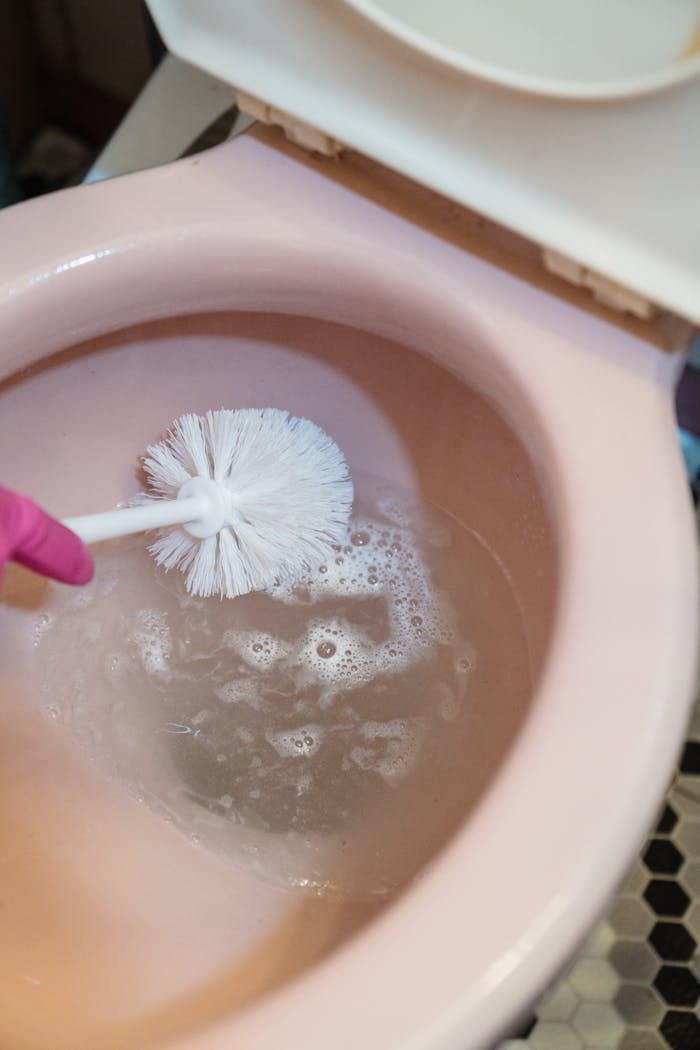 A person cleaning a toilet bowl with a brush and bubbles, emphasizing housekeeping chores.